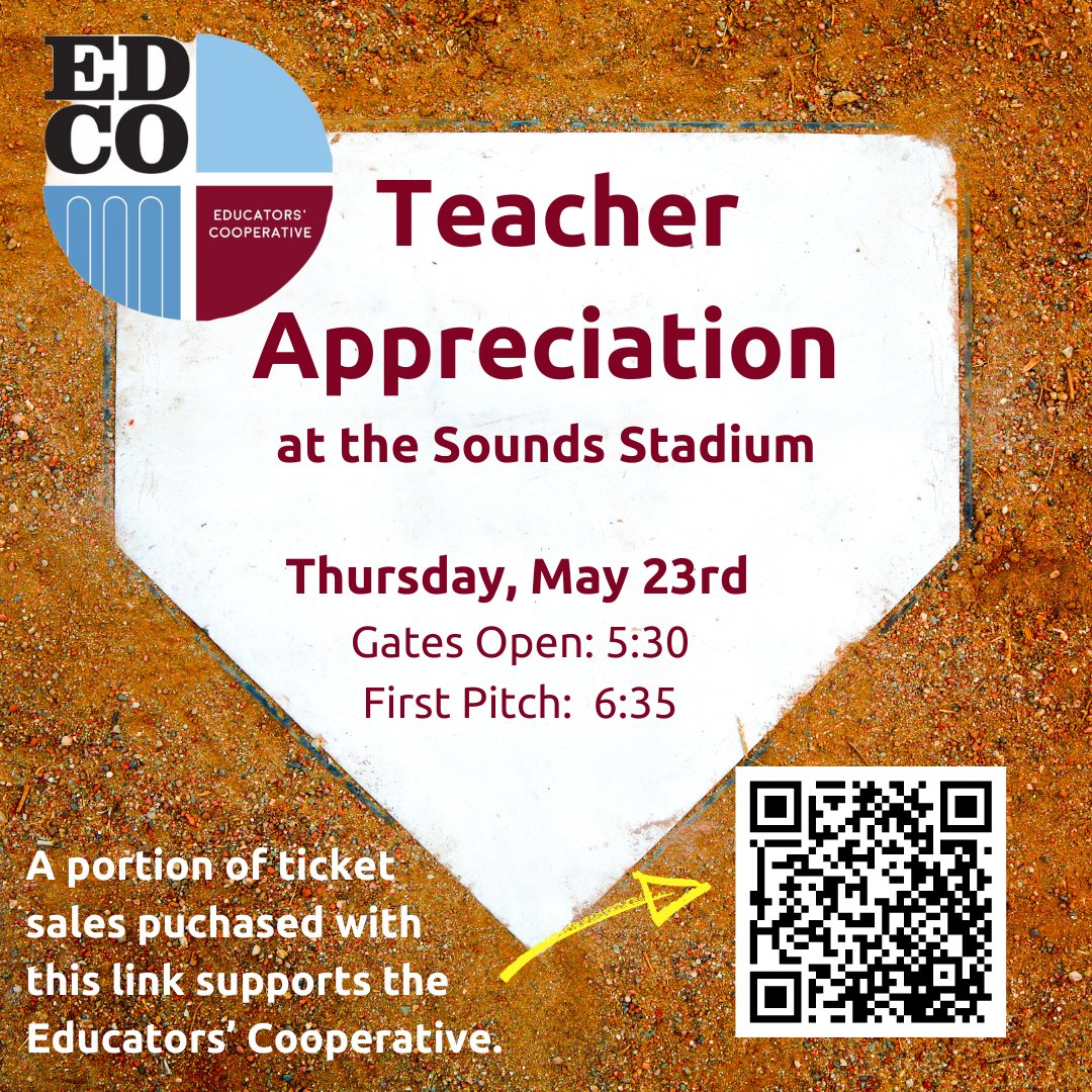 May 23! EdCo is the Sounds Stadium’s Charity of the Game @firsthorizonprk! Kick off summer by supporting local educators—and baseball! How? It’s easy! Just use our Teacher Appreciation link with purchase. Get tickets via this post’s QR code or our bio's Linktree—under Events!