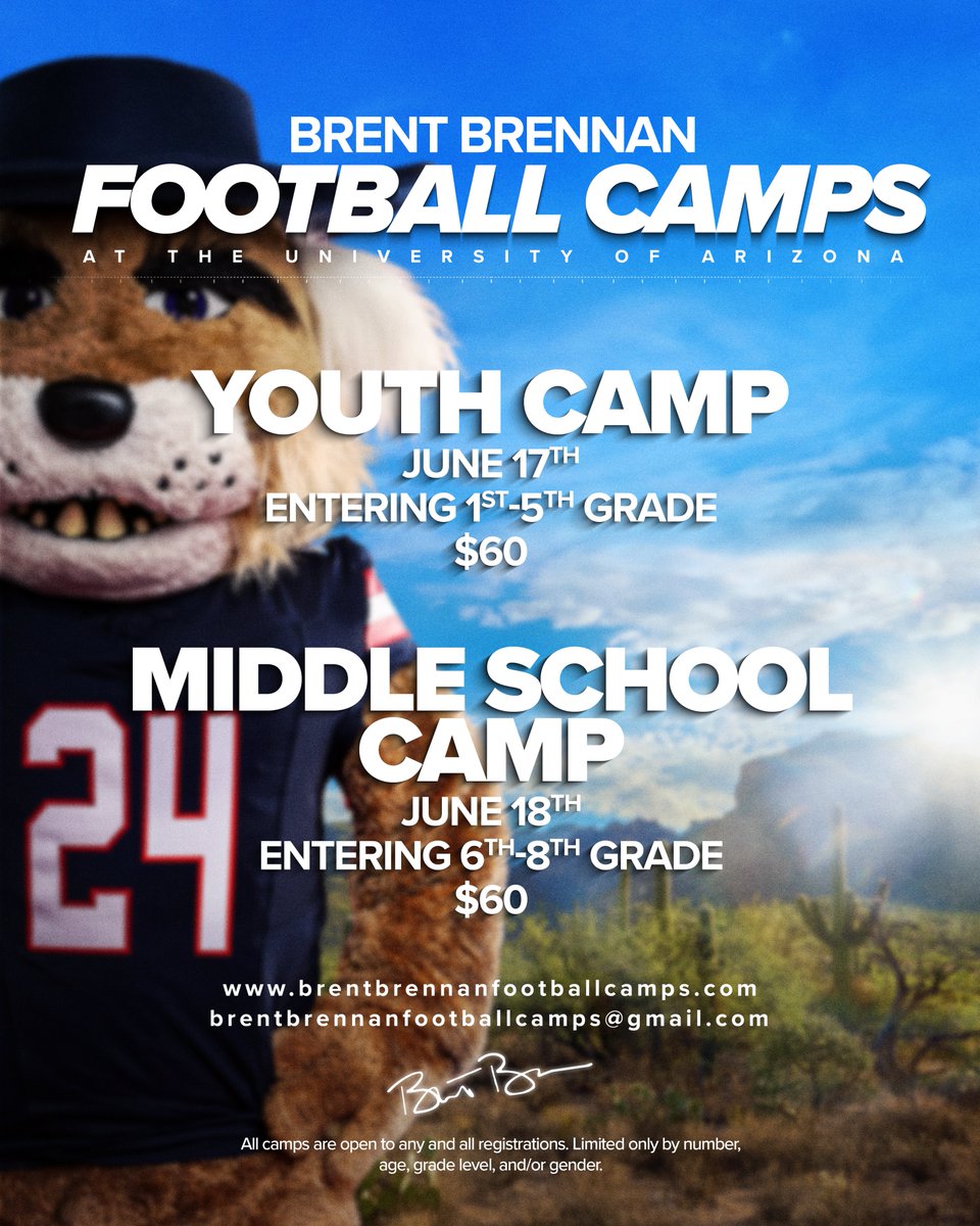 Youth and Middle School Camp registration is now open‼️ Reserve your spot today🎟️ brentbrennanfootballcamps.com