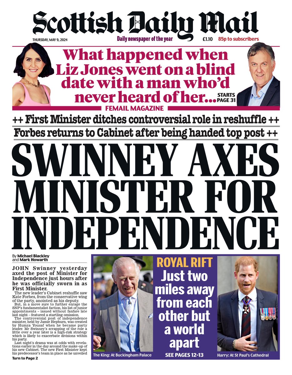 SCOTTISH DAILY MAIL: Swinney axes minister for independence #TomorrowsPapersToday
