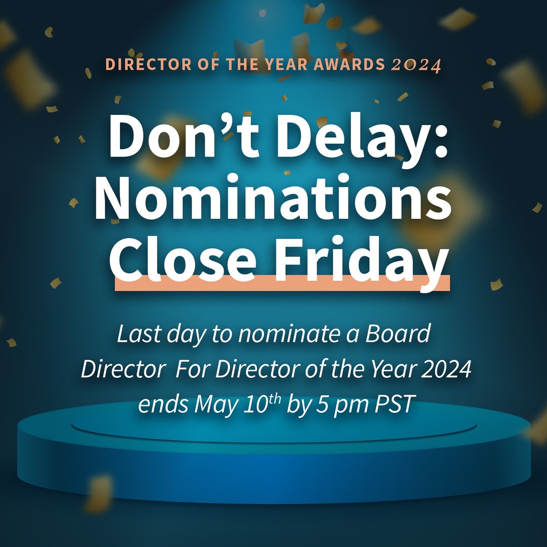 REMINDER! Friday is the final deadline for the Director of the Year Nominations.
Each year, Corporate Directors Forum honors San Diego’s top directors.

Nomination deadline is Friday, May 10th, 2024, 5 PM PST.

bit.ly/3vkv9XP

#boardofdirectors #directoroftheyear