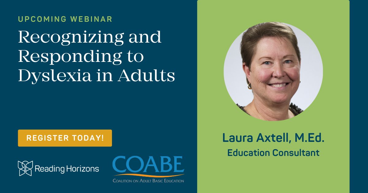 Learn about #dyslexia in adults with Laura! Attend her webinar with @COABEHQ on Wed 5/15 for screening tools, research-based reading instruction methods, and resources for adult learners. Register: coabe-org.zoom.us/webinar/regist… #DyslexiaSupport #AdultEd #AdultEducation #AdultLiteracy