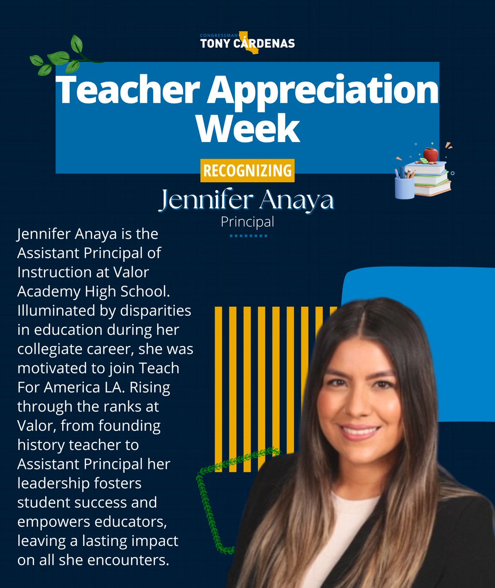 This Teacher Appreciation Week, I want to recognize an educator and principal in the 29th district, Ms.Jennifer Anaya. She has been a tireless advocate for increasing education equity and opening doors for students who otherwise wouldn't have opportunities available. 📚🍎