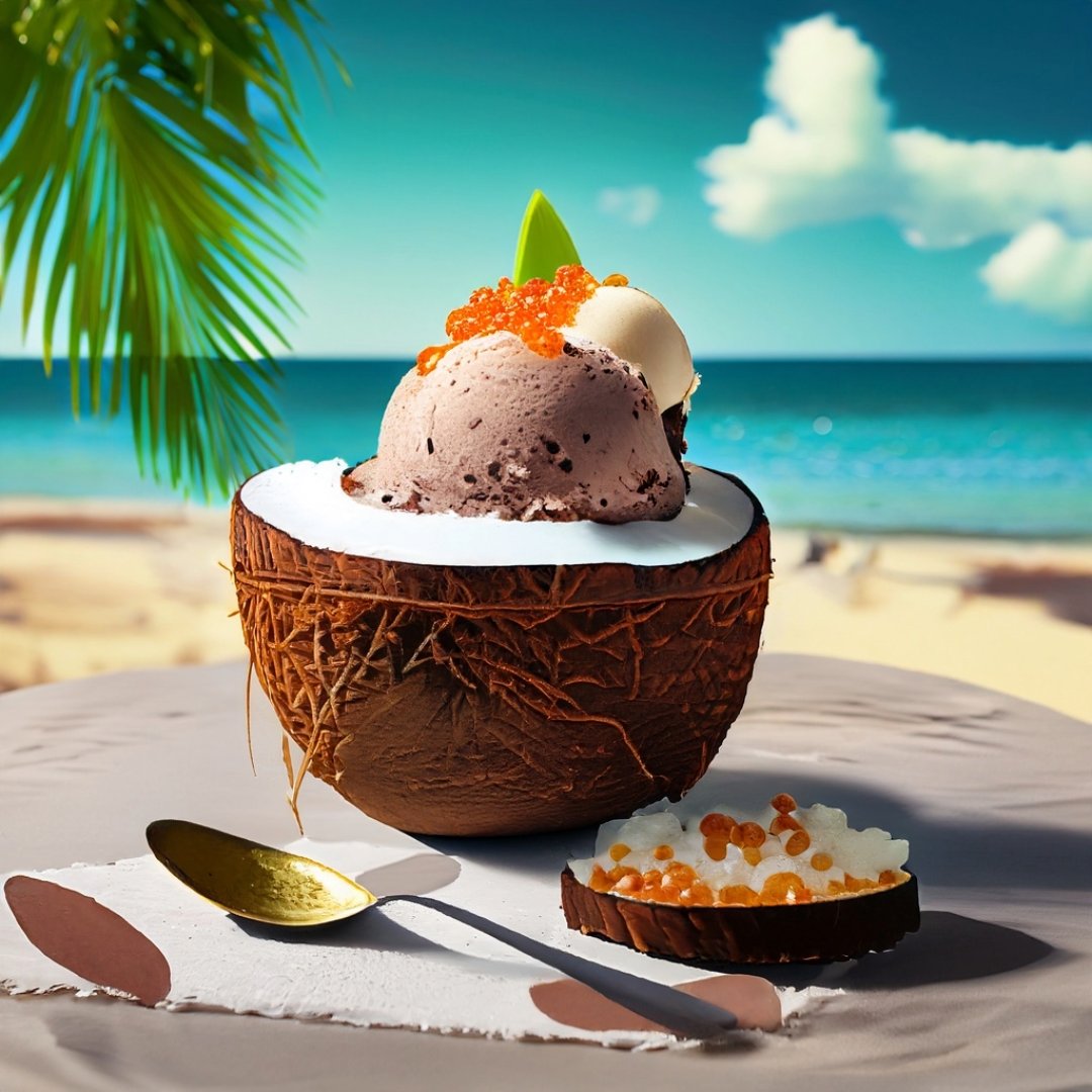 LemanskyRachel's tweet image. 🤩 This is a prompt for @weziRthindwa &amp;amp; @JoeSantiagoEDU : &quot;fancy caviar ice cream served in half of a coconut shell on a table set on a tropical beach with a palm tree in the background&quot; 😂
@AdobeExpress @AdobeForEdu #QuickWins #AdobeEduCreative