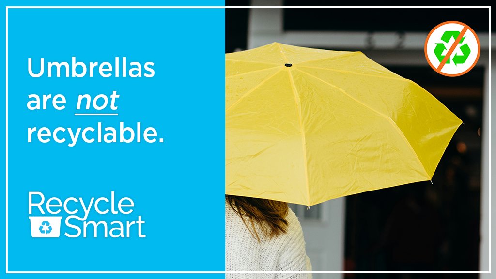 RecycleSmartMA's tweet image. Whether or not opening an umbrella inside is bad luck, one thing is for sure: They are NOT recyclable! It's been a rainy spring—and if your umbrella just isn't in working condition anymore, put it in the trash. 

When in doubt, check the Recyclopedia: bit.ly/3wDe4Tl