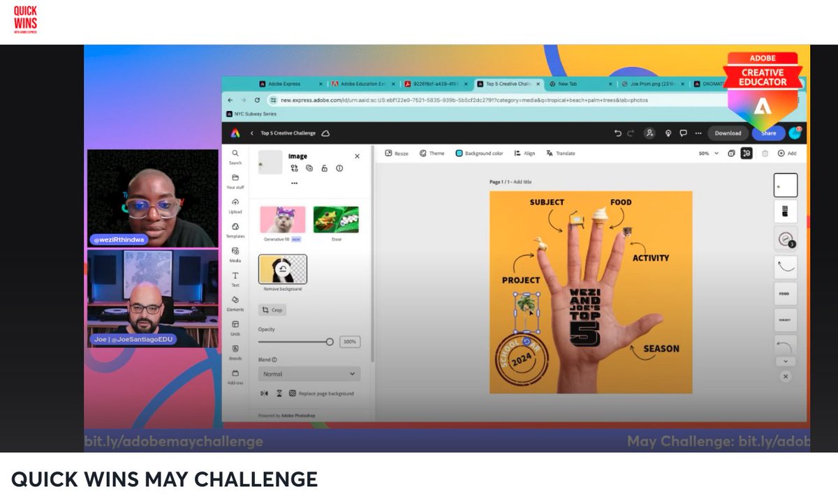 💗A super fun Quick Wins with @AdobeExpress tonight! @JoeSantiagoEDU and @weziRthindwa walked us through the May Creative Challenge. We learned about bougie ice cream. 🤣 Plus it was a mini #Eduguardians meetup! #AdobeEduCreative ➡ Try the challenge: bit.ly/adobemaychalle…