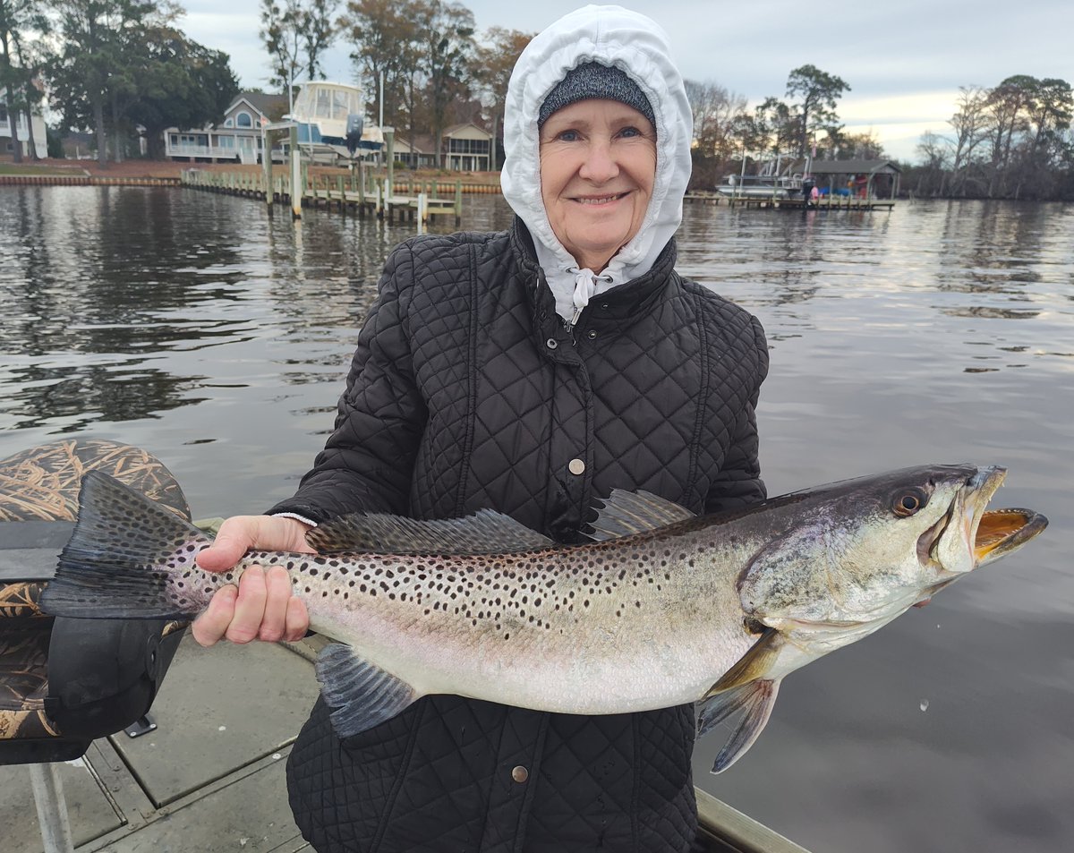 A chilly day couldn’t keep Kathy away! Kathy’s efforts were well rewarded when she landed a massive 29.5-inch Spotted Seatrout from the Pamlico River while out-fishing her husband in December of 2023. 

#WeighInWednesday features recreational catch photos: deq.nc.gov/Weigh-in-Wedne…