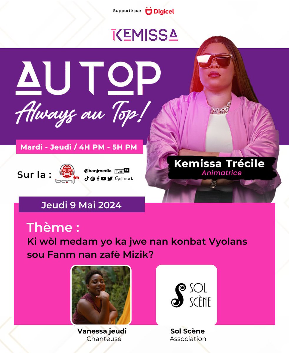 Don't miss this talk with singer and activist #VanessaJeudi, accompanied by a Sol Scène manager, on Banj FM's <a href="/Autop_Kemissa/">DJ KEMISSA</a>. The discussion will focus on “the role of women in the fight against gender-based violence against girls/women in electronic music in Haiti”.  <a href="/CanadaOAS/">Canada at the OAS</a>