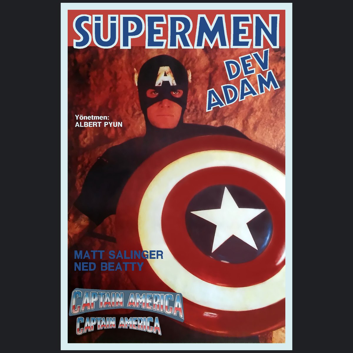 Süpermen Dev Adam 1990 Captain America Matt Salinger Albert Pyun Sci-Fi, Super Hero Turkish Edition Vintage Movie Poster Süpermen'i anladık da Dev Adam ne alâka diyeceksiniz, eski Kirk Alyn Süpermen filmleri Dev Adam ismiyle oynadı. Bari Marvel evreninden bir isim verseydiniz.