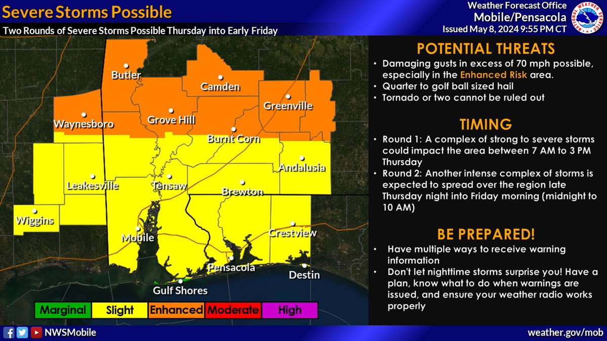 NWSMobile's tweet photo. We are monitoring closely for two potential rounds of severe weather on Thursday⬇️
- 1st round: Between 7am-3pm Thursday as a complex of storms pushes across the area.
-2nd round: Around midnight Thursday-10am Friday as another intense complex moves into the region. https://t.co/4RSJpR5O7e