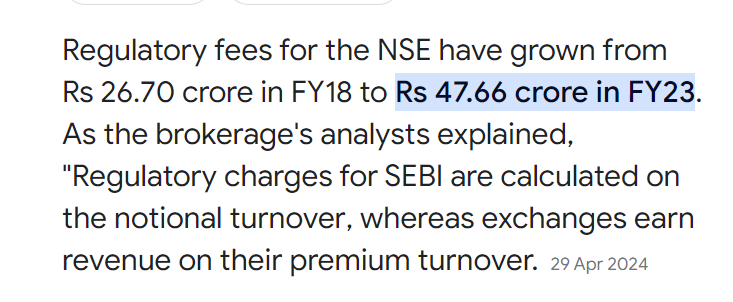 NSE's regulatory Fee to SEBI for FY23 are 47.66 Crore.

There's fundamental problem here to take regulatory charges on notional turnover as different indices are on different spot value.

Nifty trades around 22000 & Sensex trades around 73000. 

I think BSE will get back some…