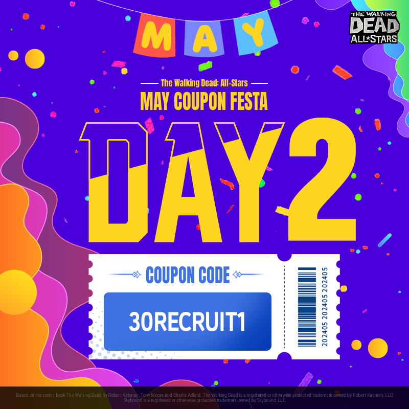 🎉May Coupon Festa DAY 2!🎉 🎫Coupon Code: 30RECRUIT1 🎁Reward: Normal Recruit Ticket x30 ⏲EXP: ~ 5/9 16:59 Log in and claim your FREE 30 recruits now! 📲 bit.ly/TWDAS_DOWNLOAD How to Redeem Your Coupon 👉bit.ly/3GQur7A #TWD #TWDAS #New #Event #Coupon