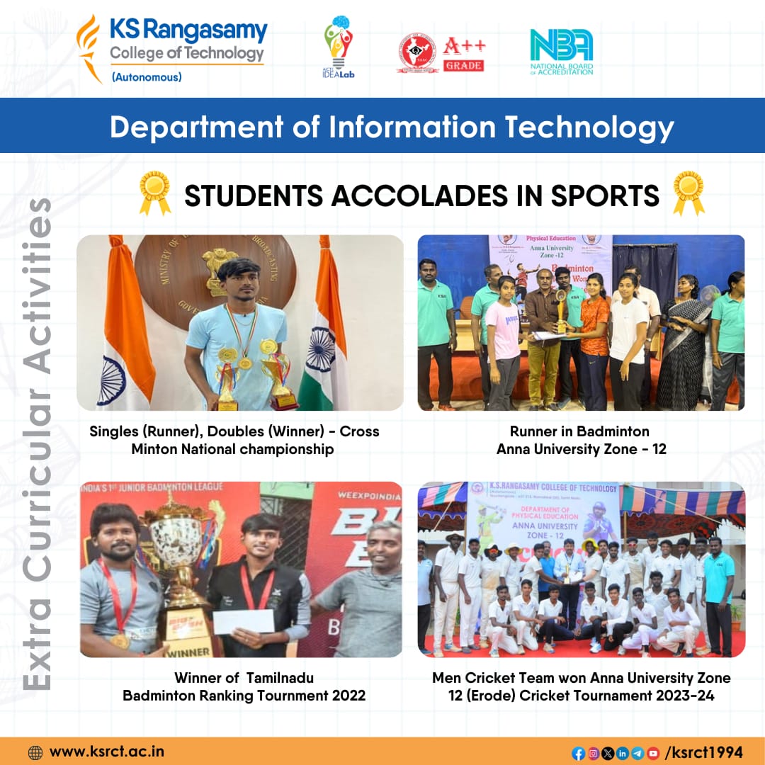 Shoutout to the incredible #sports #achievements of our #KSRCTians,Department of #InformationTechnology students. From smashing records to showcasing exceptional talent, our IT champs are making us proud on and off the field!