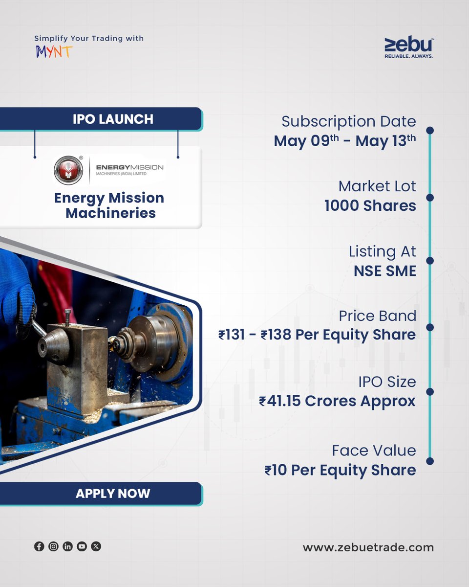 Energy-Mission Machineries (India) Limited is now open for subscription till May 13, 2024. With an IPO size of approx ₹41.15 crores, Listed on both SME and NSE, market lot is 1000 shares. 

Apply now: in.zebull.in/sme 

#simplifywithmynt #zebu #ipoalert #energymissionipo