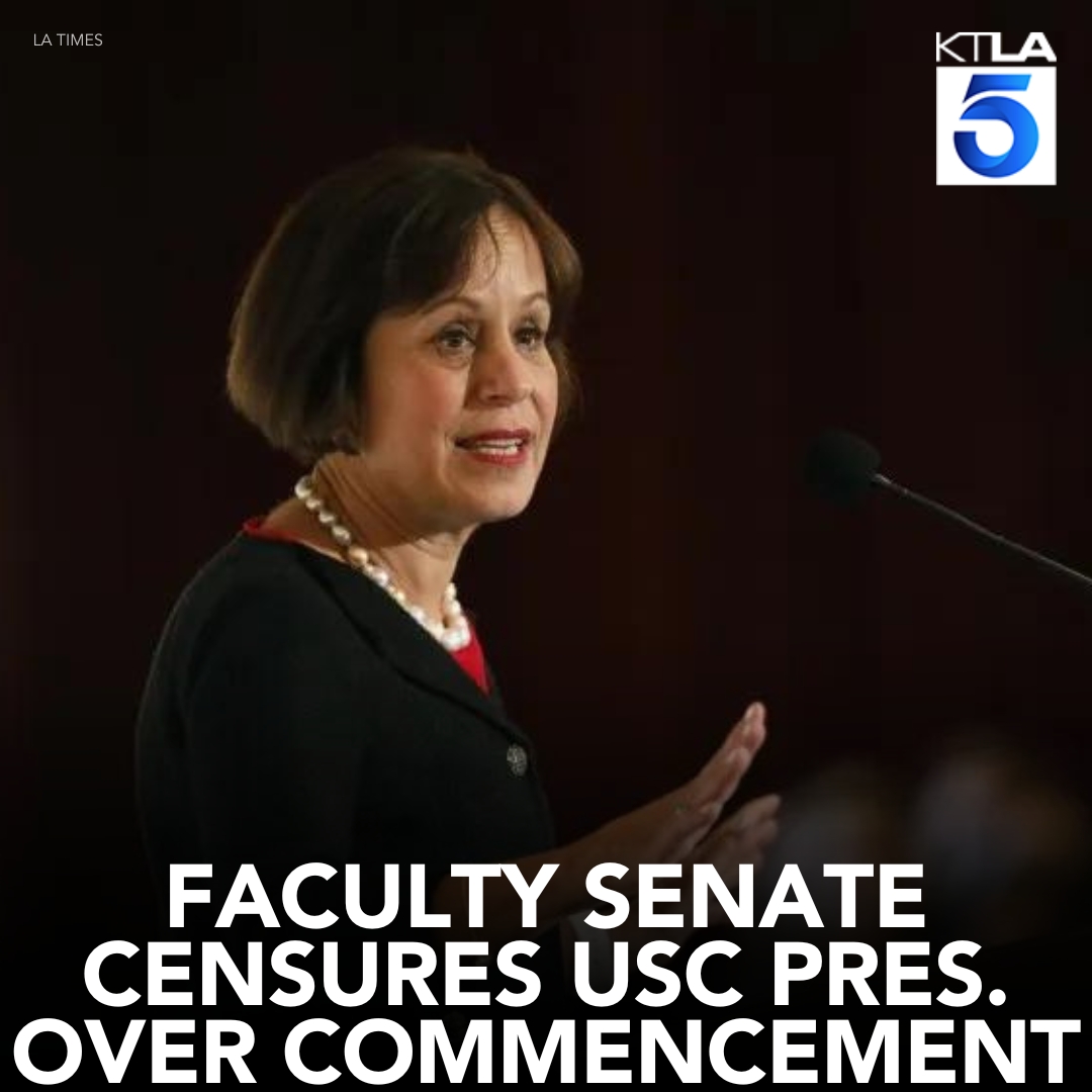 The 21-7 vote for censuring USC's president and provost cited 'widespread dissatisfaction and concern' over issues that led to the cancelation of the university's commencement ceremony. Details: trib.al/Rb8nHum