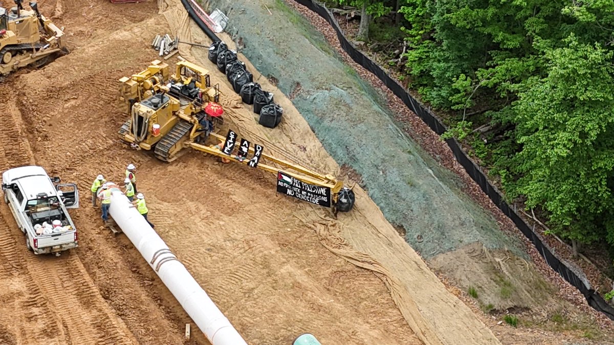 Today's action in Montgomery County, VA stopped Mountain Valley Pipeline work for 11 hours! Finn was locked to a side boom all day that otherwise would have been moving pipe up Poor Mountain.