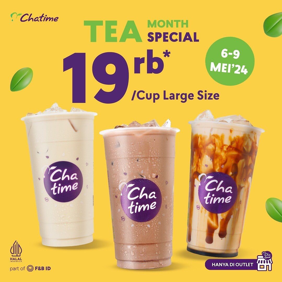 Promo Chatime Large Rp19.000 🗓️ Hingga 9 Mei 2024 Berlaku untuk varian Chatime Milk Tea, Hazelnut Chocolate Milk Tea & Brown Sugar Milk Tea