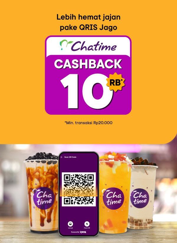 Chatime cashback Rp10.000 dengan menggunakan QRIS Jago 🗓️ 1 Januari-30 Juni 2024 • Minimum pembelian Rp20.000 • Berlaku untuk pembelian semua produk dengan harga normal • Berlaku satu kali per pengguna dalam satu minggu • Cashback akan dikirimkan paling lambat 7 hari kerja…