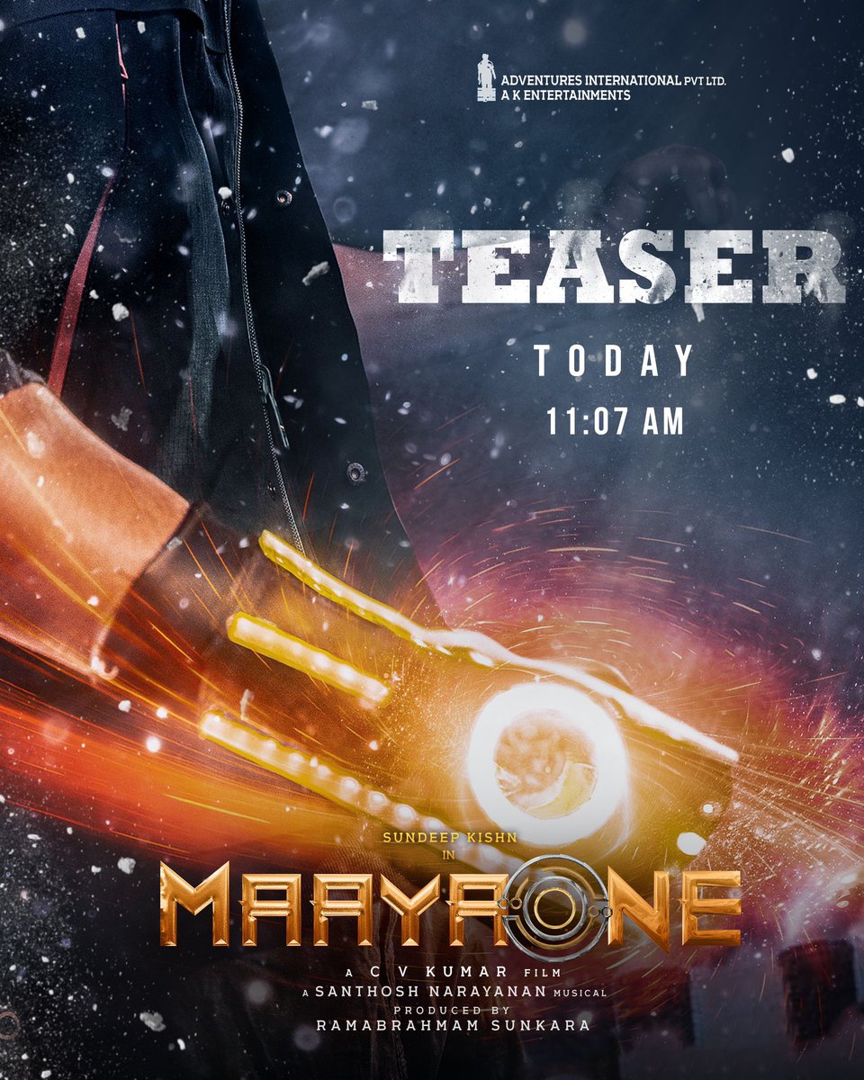 In 2️⃣ hours, Gear up for the #MaayaOneTeaser 💥 Witness The 'Common Man' vs. the 'SuperVillain' in the world of #MaayaOne ♾️ TODAY @ 11:07 AM ⏳ @sundeepkishan @icvkumar @NeilNMukesh @akansharanjan @Music_Santhosh @AnilSunkara1 @dopkthillai #KavinRaj @AKentsOfficial