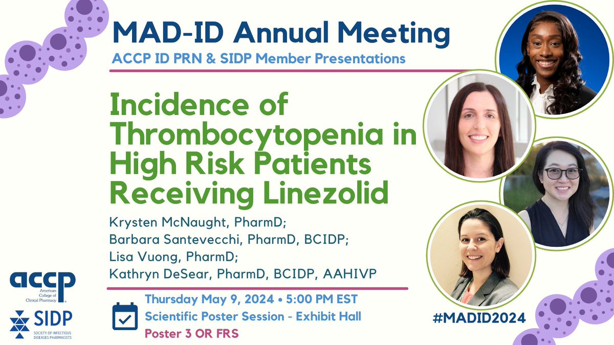 More than half of patients experienced thrombocytopenia during linezolid administration. Patients on linezolid for > 10 days should be monitored closely for thrombocytopenia & evaluated for ways to limit this risk. #MADID2024 @MAD_ID_ASP @SIDPharm @McnaughtKrysten @IDPharmD_Kate