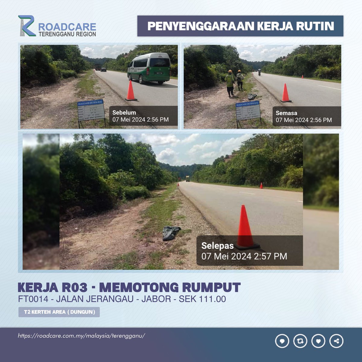 🚧 Kerja Penyenggaraan Rutin R03 - Memotong Rumput.

7 Mei | Kerja memotong rumput R03 di FT0014 Sek. 111.00 di daerah #Dungun disenggarakan oleh #teamroadcare bagi keselamatan pengguna Jalan Persekutuan.

#InfoJKR

@MOWorks @CSFJ_JKR @JKRDungun @Roadcare_HQ @ElizaSufinahJKR

📸