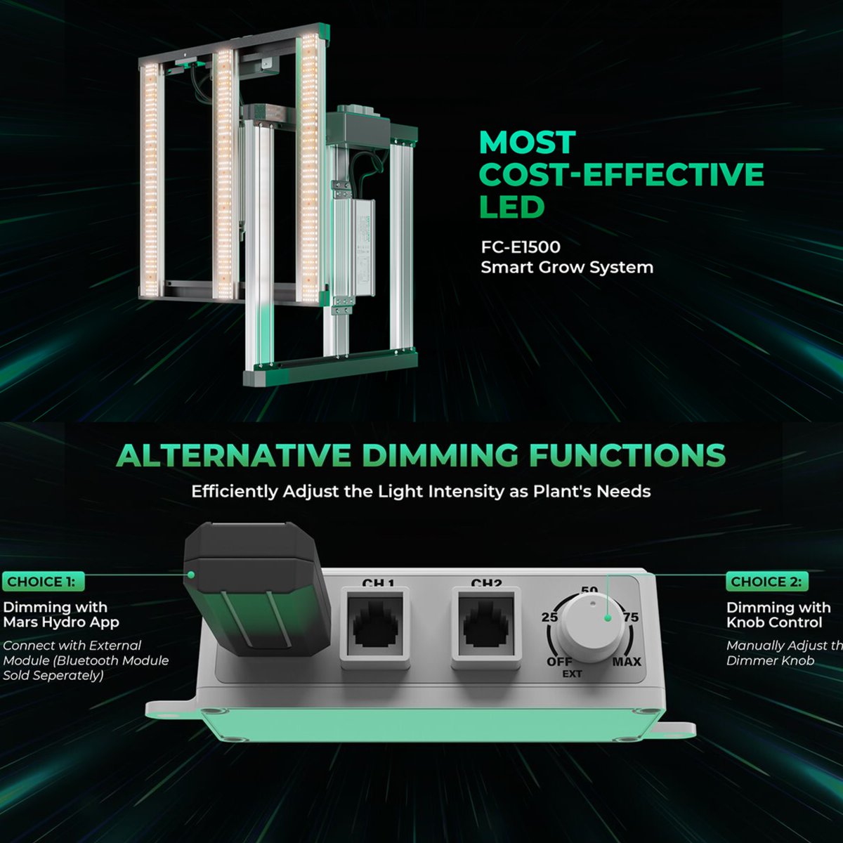 #FCE1500 #FC1500EVO #iConnectu: WiFi/Bluetooth-enabled to allow phone remote control of equipment When you don't want to use this Smart function: Manually Adjust theDimmer Knob to control the light You can have both smart lights and regular lights at the same time