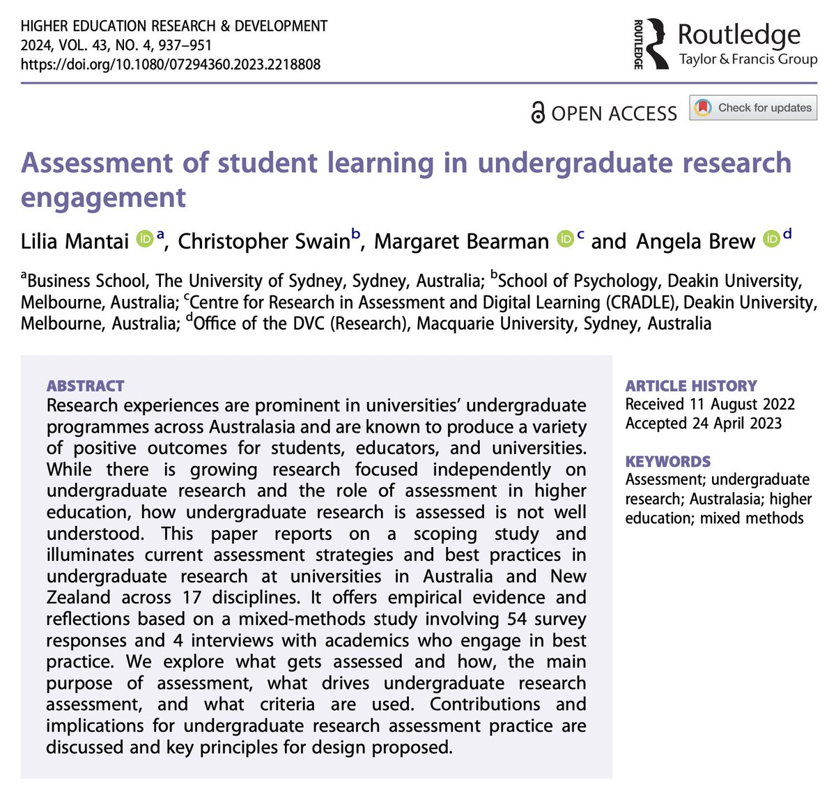 Assessment of student learning in undergraduate research engagement @LiliaMantai, Christopher Swain, @Margaret_Bea & @TheAngelaBrew 🔓→ doi.org/10.1080/072943… #HigherEd #StudentAssessment #UndergraduateResearch #Assessment #StudentResearch