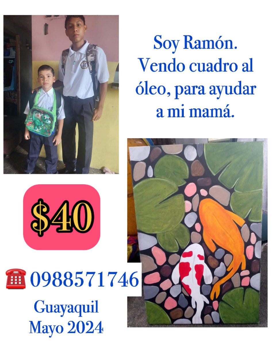 mcdc_mcdc's tweet image. Ramón de 14 años vive en #Mapasingue #Guayaquil. Es el hermano mayor de varios pacientes (2 ya en el cielo) En dic hizo monigotes para la venta. Ahora pinta cuadros para ayudarse. Así quiere ayudar a comprar comida en su casa. Mamá es soltera y está sin trabajo. #voluntariado