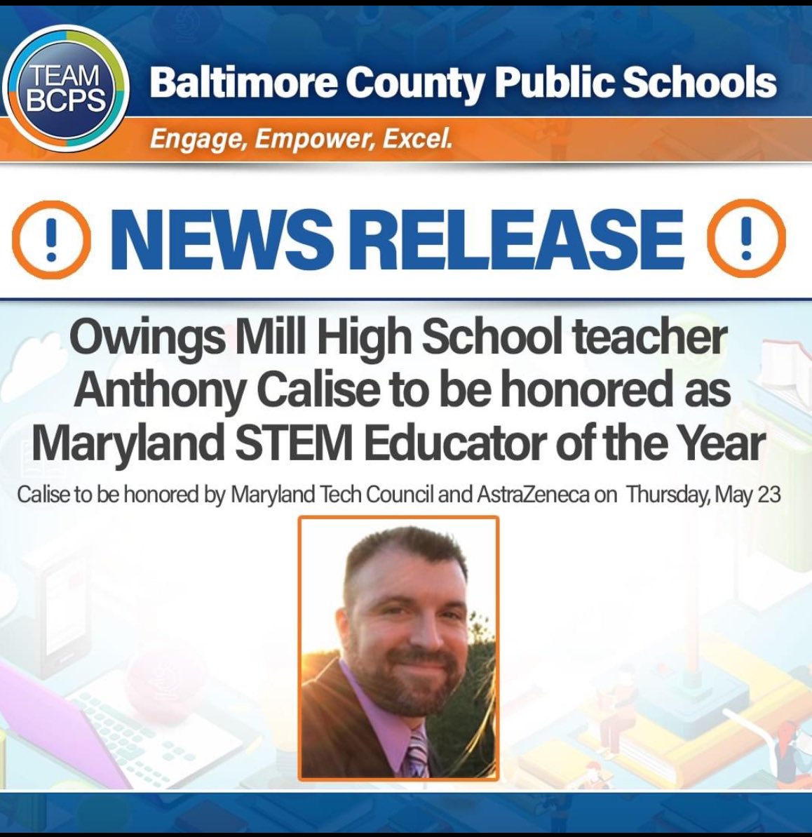 Congratulations, neighbor! Shout out from @OwingsMillsES to @MrCalise @OMHS_Eagles!! What a great accomplishment!! @terri_moses @BaltCoPS 🙌 🎉 🙌