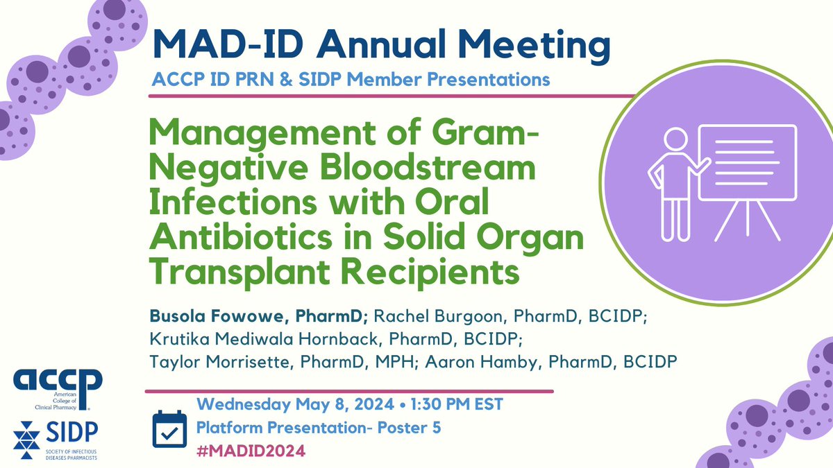 Be sure to check out the poster from yesterday's platform presentation! The study demonstrated the effectiveness of oral antibiotics in the treatment of GN BSIs in SOT recipients. #MADID2024 @MAD_ID_ASP @SIDPharm @Boo_saw_lah @Krutu8 @TayMorrisette @RachB_PharmD @AHamby_PharmD