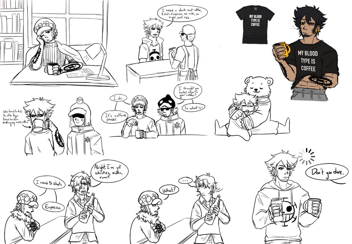 A bunch of sketch/doodles of Law and his caffeine addiction. 

#ONEPIECE #trafalgarlaw #doodleart #sketches