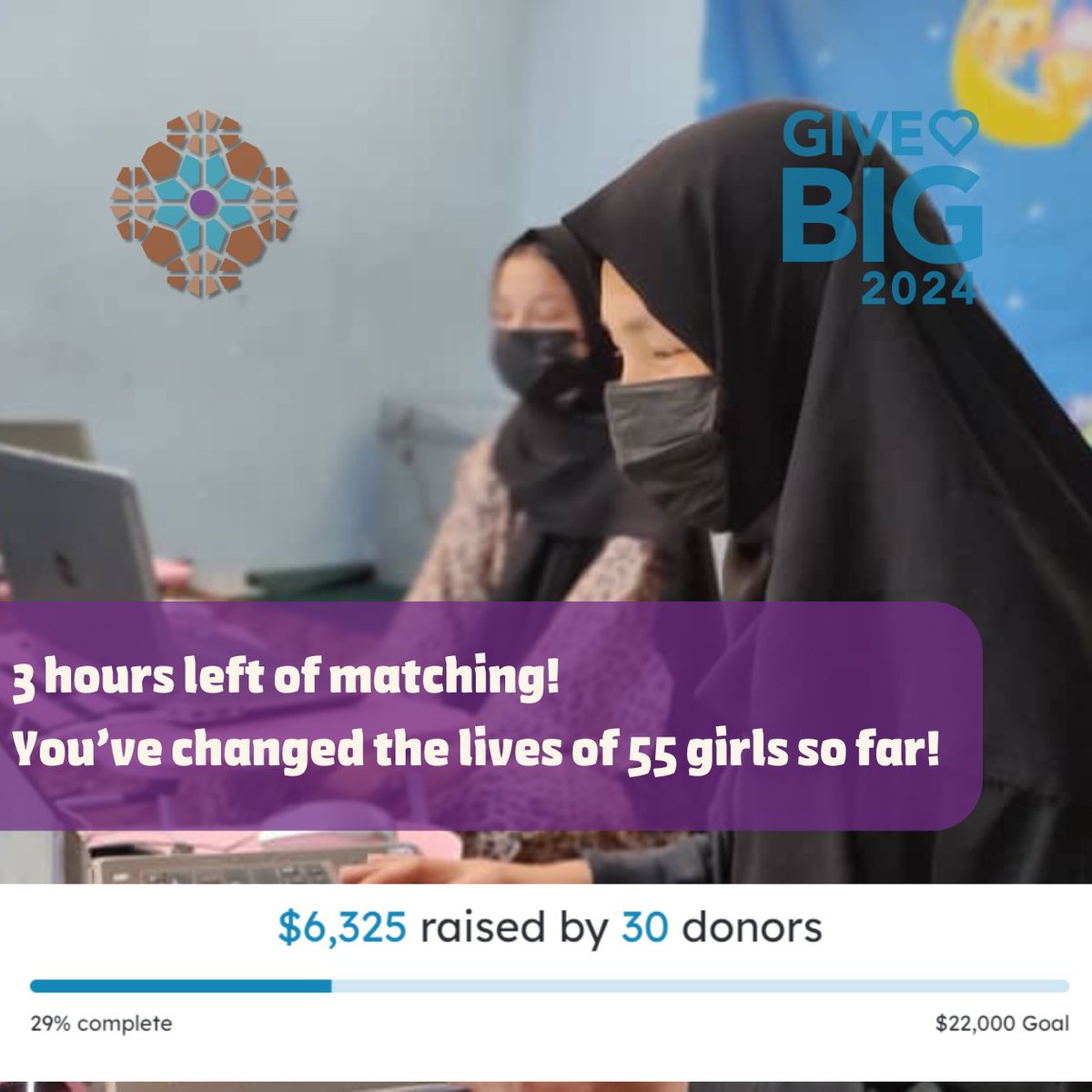 With 3 hours left of the @wagives  GiveBIG campaign, you’ve changed the lives of 55 Afghan girls.

With 100% matching through midnight, your contribution will go twice as far.

wagives.org/event/G6i94g

#BreadWorkFreedom #GiveBIG #WAGive #ThatGivingFeeling