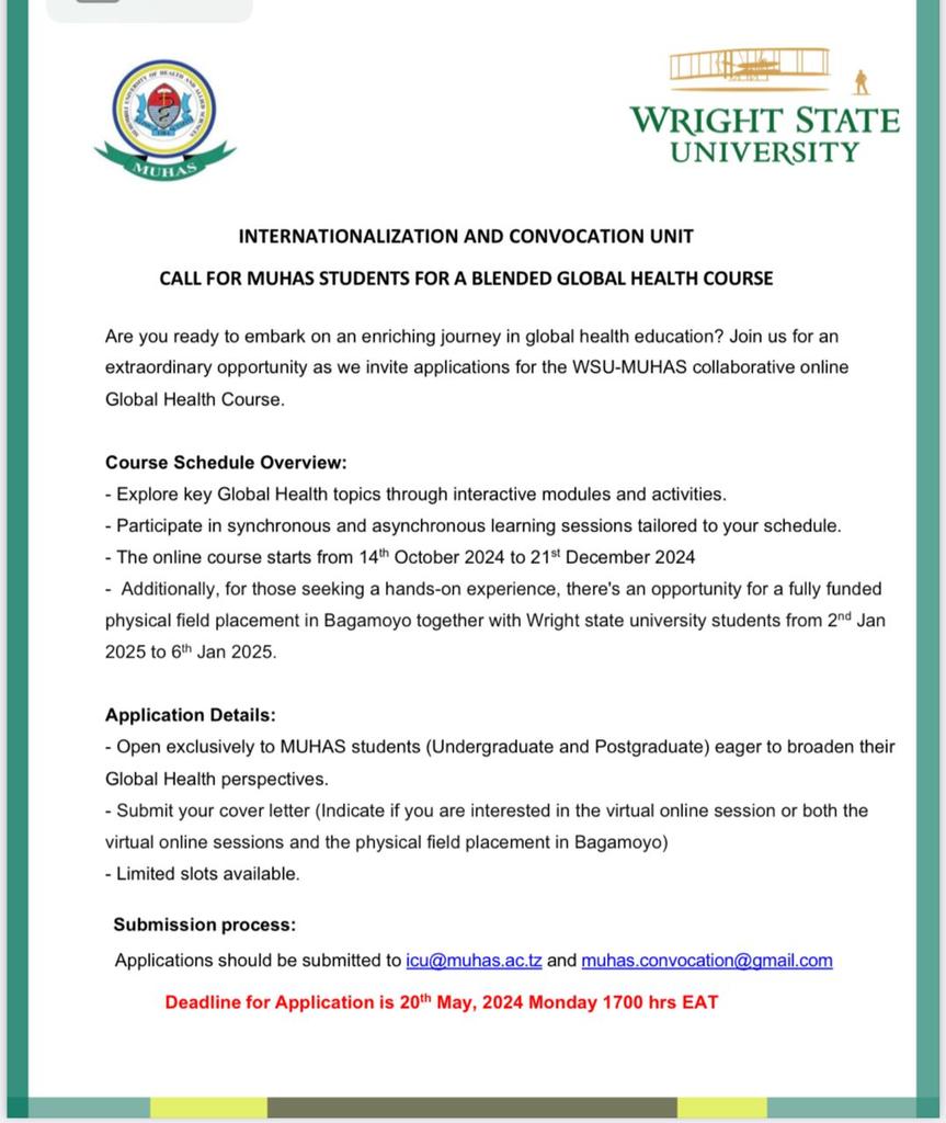 A Call for MUHAS students for a Blended Global Health Course #Deadline for application: 20th May 2024#