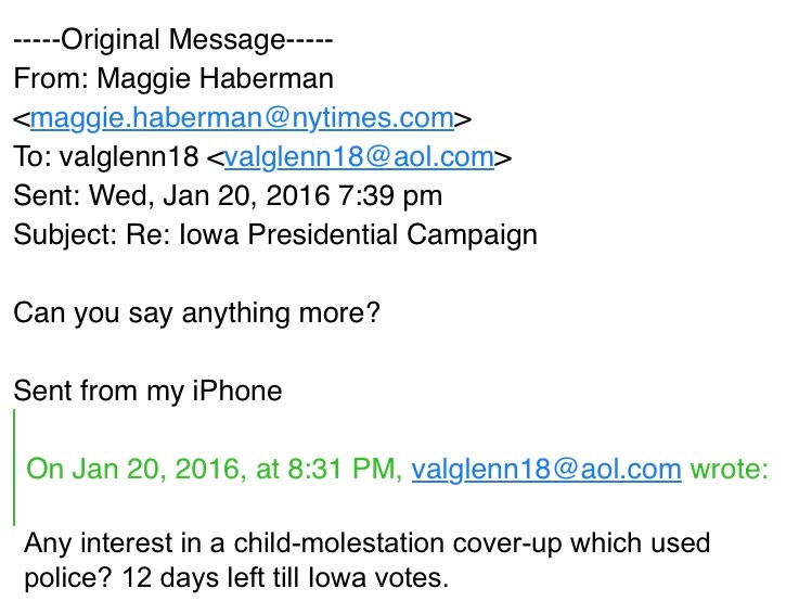 In 2016, I communicated with NY Times reporter Maggie Haberman prior to the 2016 Iowa Primary. I’ve communicated or been contacted by other NY Times reporters for the past 8 years, but The NY Times is still protecting the Covenant-Police child sex abuse cover-up.