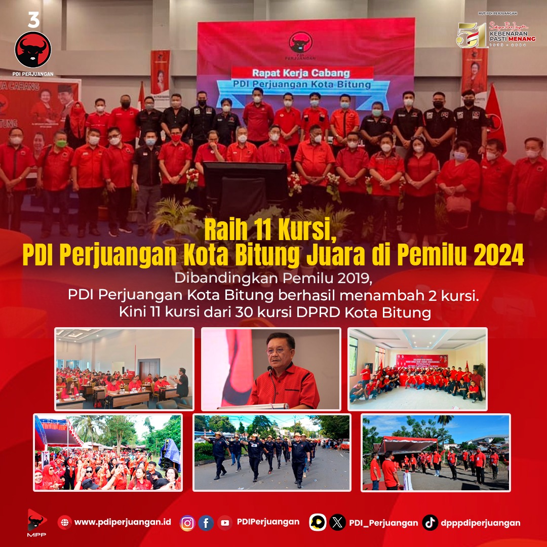 Raih 11 Kursi, PDI Perjuangan Kota Bitung Juara di Pemilu 2024. Dibandingkan Pemilu 2019, PDI Perjuangan Kota Bitung berhasil menambah 2 kursi. Kini 11 kursi dari 30 kursi DPRD Kota Bitung. #PDIPerjuangan #M3nangkanRakyat #KebenaranPastiMenang #SatyamEvaJayate