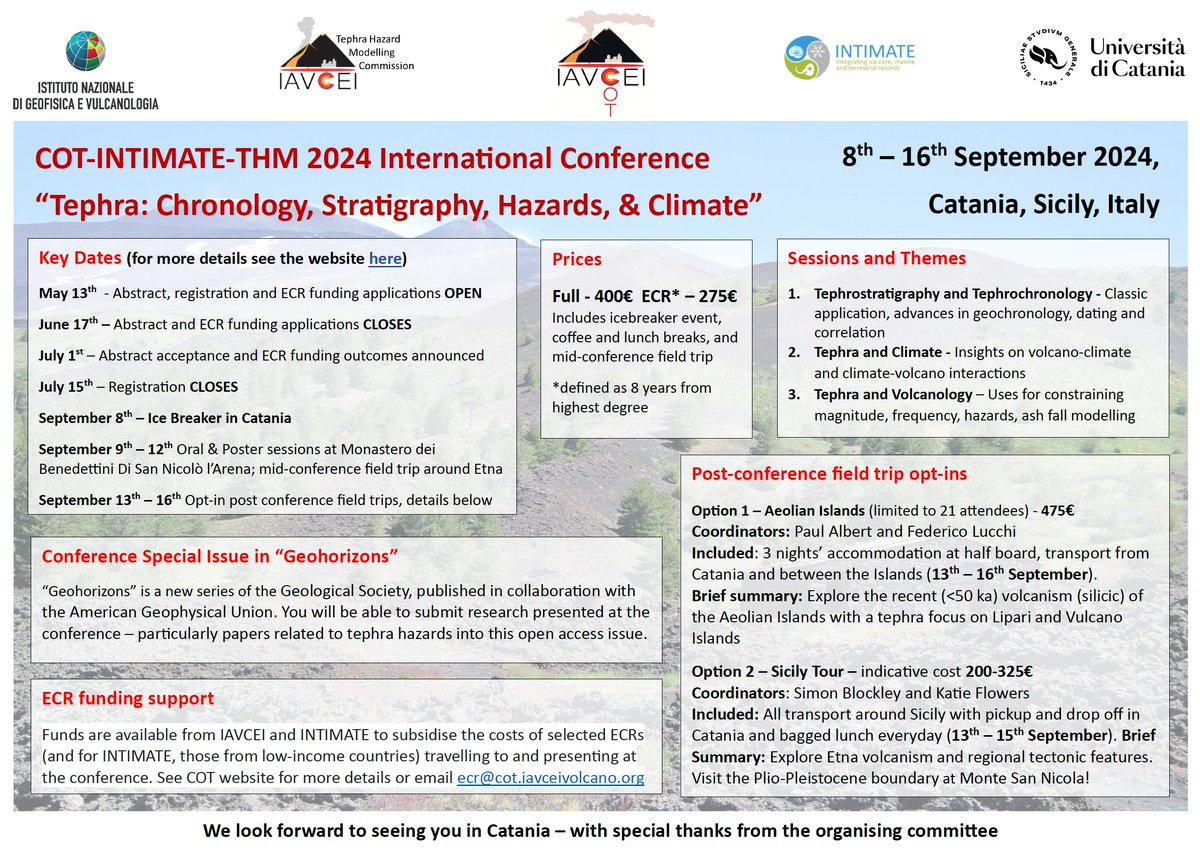 We asked you to save the date and now it is time to join in the best (only??) tephra meeting! Come to Catania, Sicily, at the foot of Etna in September to talk all things tephra - chronology to climate to hazards. @OxfordTephra @SwanseaTephra @IAVCEI_thm cot.iavceivolcano.org/cot-intimate-t…