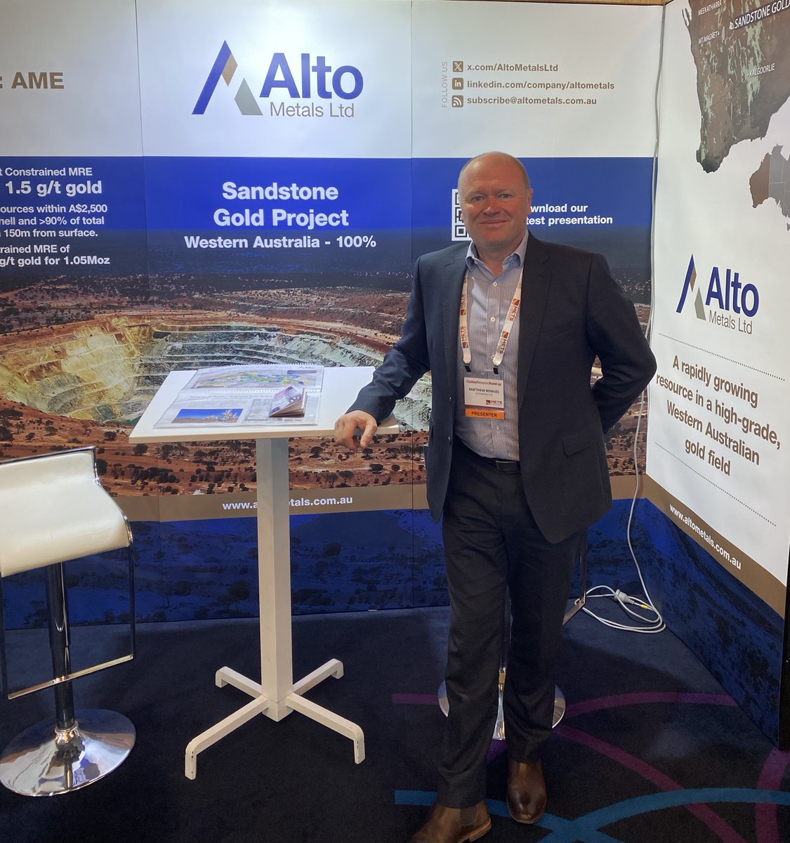Don't miss our MD <a href="/mbowlesau/">Matthew Bowles</a> presenting today at the <a href="/VEvents_RIU/">Vertical Events</a> Resouces Round-up⏰1pm (AEST) or visit <a href="/AltoMetalsLtd/">Alto Metals Ltd.</a> at Booth #5

#gold #sandstonegoldproject

$AME $AME.ax
