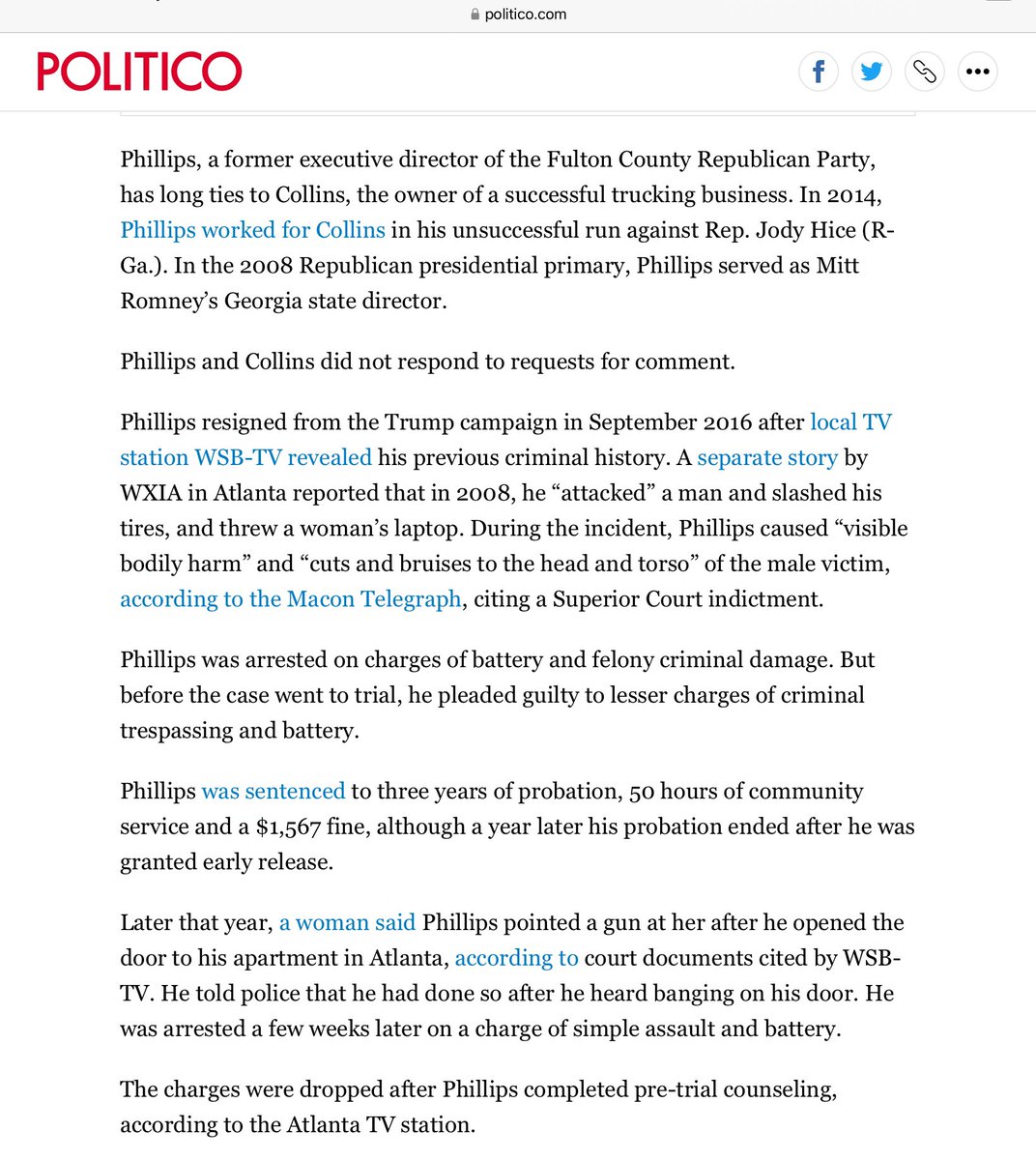 Upon winning a seat in the House Mike Collins hired a chief of staff With a criminal conviction for battery after attacking a man-slashing his tires An arrest for animal cruelty when he kicked a dog And for pointing a gun at a woman There is no bottom in the Republican Party