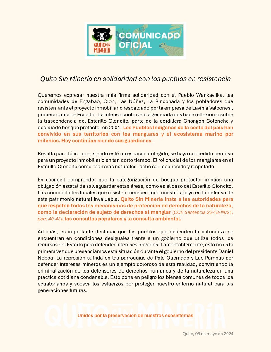 ⭕️ Frente a los pueblos de Olón en resistencia, desde Quito Sin Minería nos pronunciamos en respaldo a las acciones tomadas por el pueblo en defensa de sus territorios y por la vida.

#OlonRESISTE