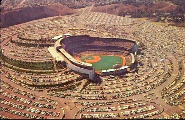 Stunning aerial shot of Dodger Stadium, 1962.