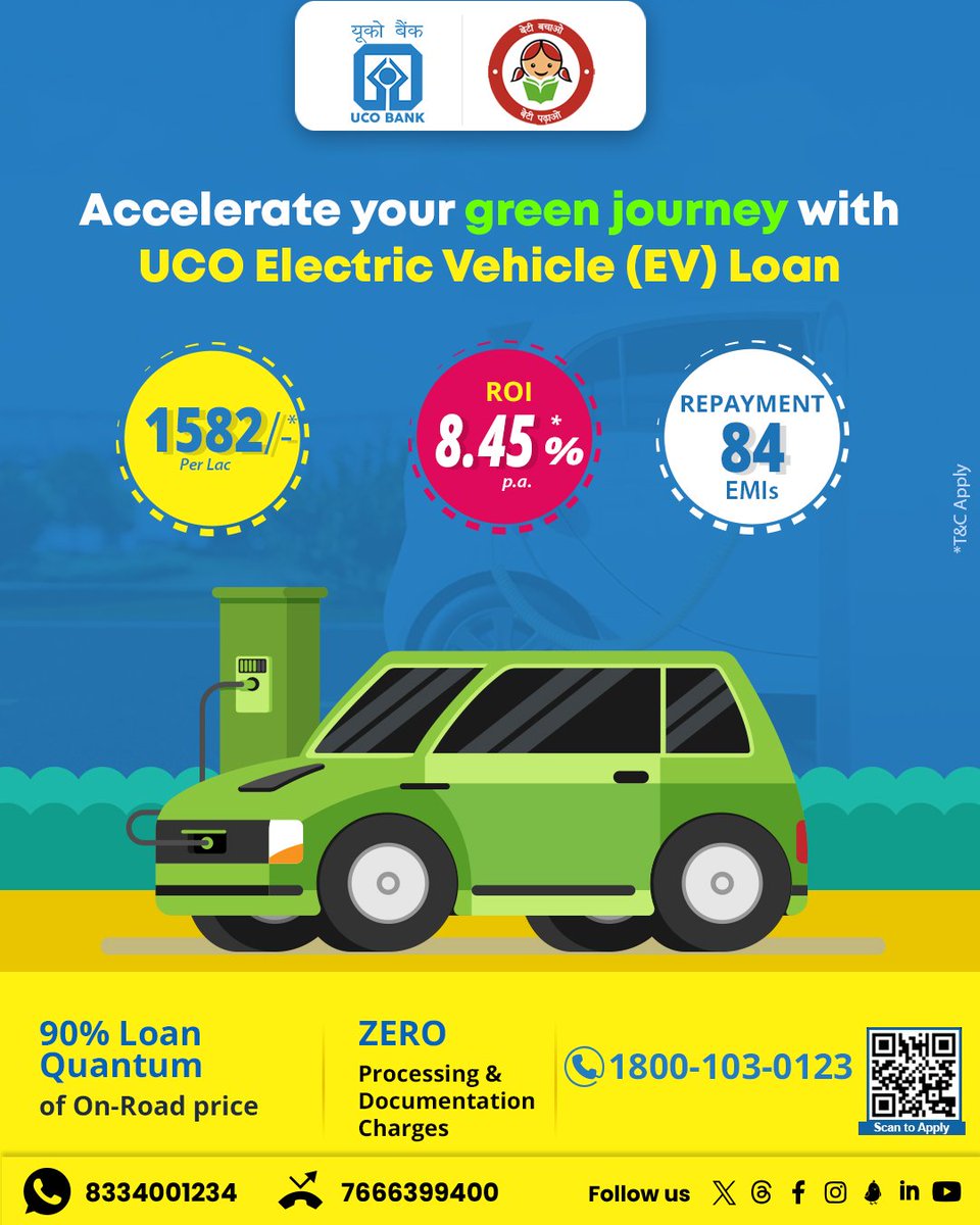 Go electric! ⚡ Take a step toward a greener future with UCO Bank #EV loan. #ElectricVehicles #GreenLiving #EVLoan #Sustainability #Loan #Banking #UCOTURNS81 #81YearsOfTrust #UCOBank Honours Your Trust