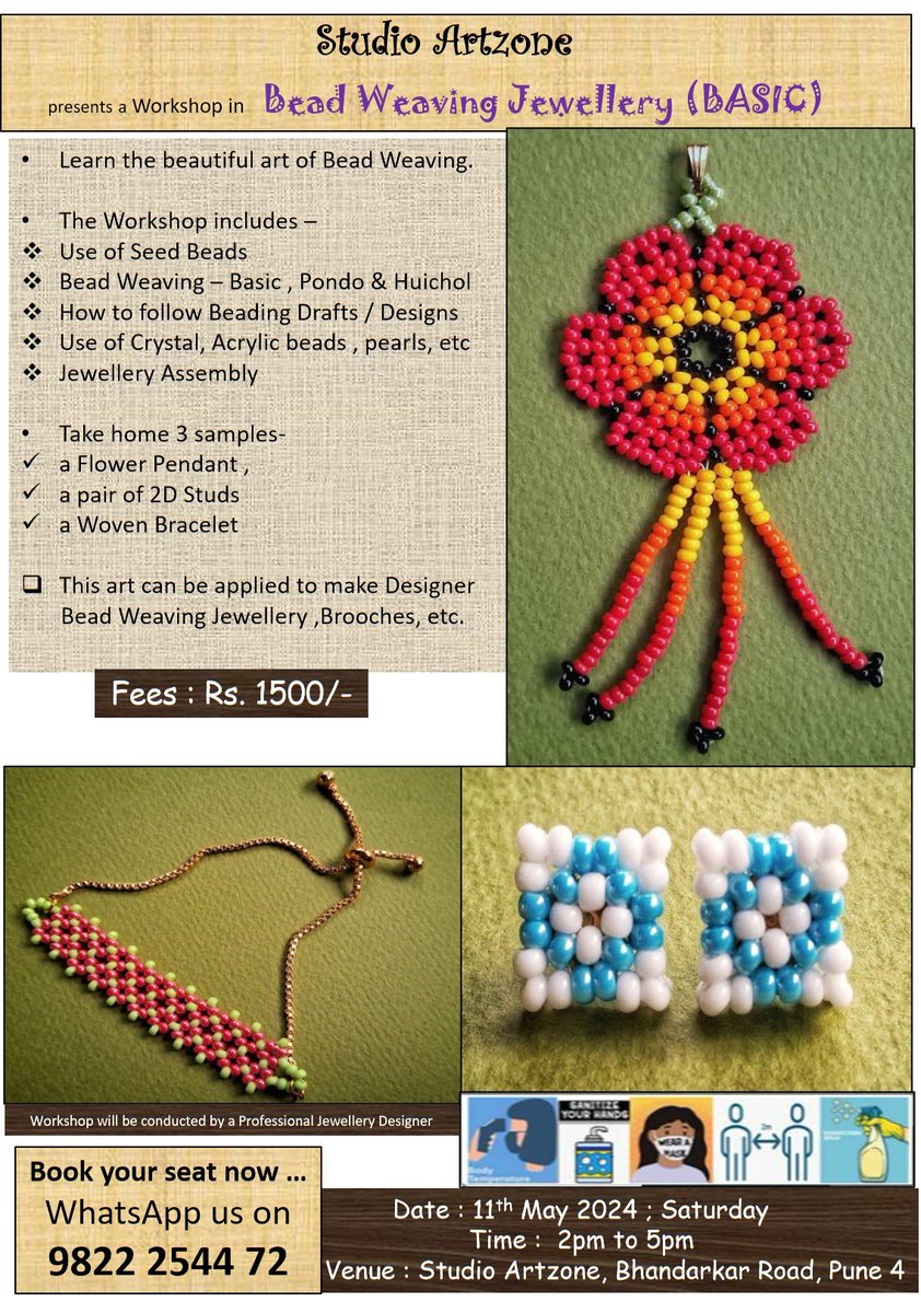 #InStudioClass #Jewellerymaking #BeadWeaving #BeadedAccessories #Pune #Deccan #Techniquebased #StudioArtzone #studioartzonepune
Learn Bead Weaving Jewellery @ Studio Artzone
~ 11 May'24 (Sat) ...2pm to 6pm.. Rs.1500/-
WhatsApp Register on 9822 2544 72