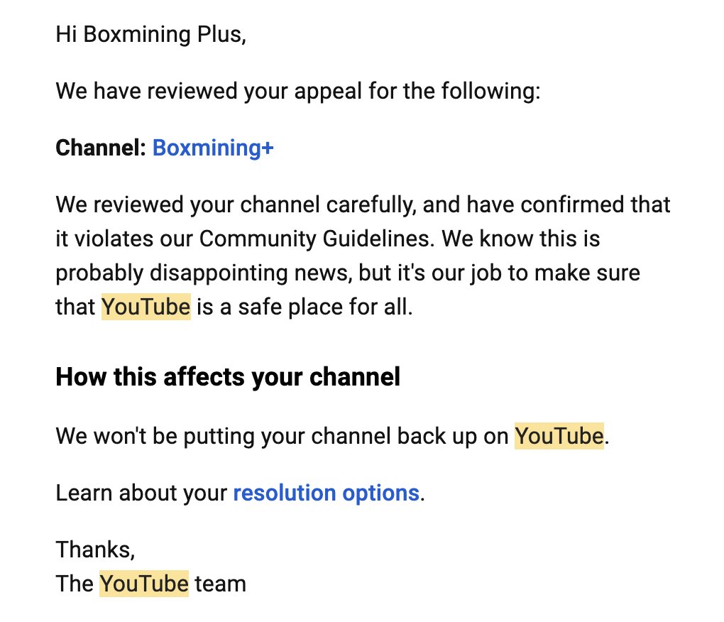 This is crazy. Please help retweet: @YouTube is STILL banning crypto content with automated systems stating 'harmful and dangerous policy'. Our second channel is banned and the appeal failed with basically no explanation (read the response, zero reasons given). This is also…