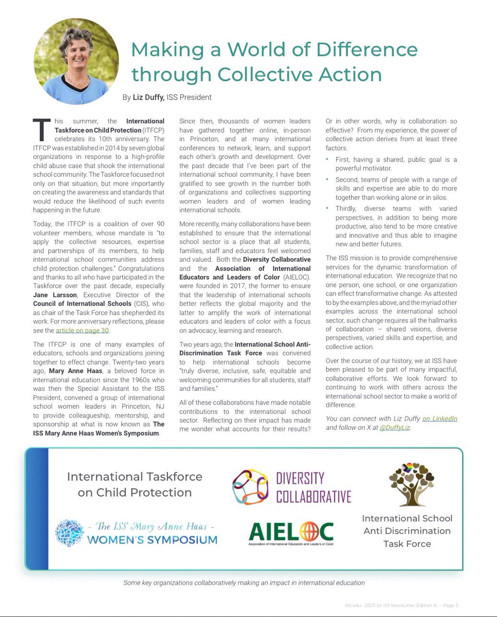 On collaboration, collective action, and nurturing diverse teams. @DuffyLiz reflects on the partnerships, coalition-building, and impact of @ISSCommunity as we continue to ‘Make a World of Difference’ #issedu #intlschools #intled