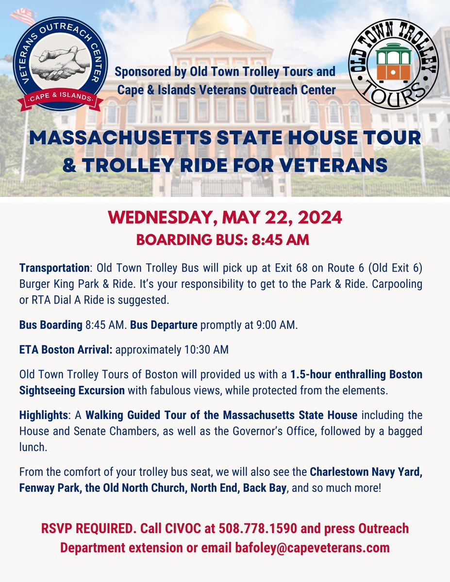 Veterans, join us on this informative day trip to the Massachusetts State House & a fun Trolley Ride through Boston highlighting the local sights on May 22 🇺🇲 sponsored in partnership with Old Town Trolley Tours. RSVP required: bafoley@capeveterans.com #CIVOC #oldtowntrolley