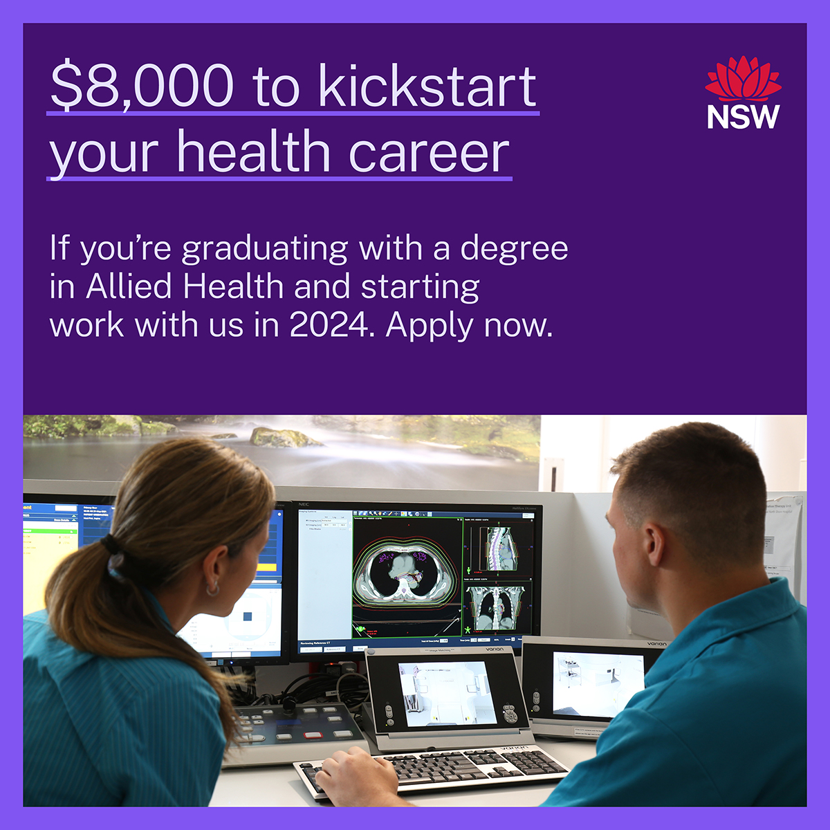 If you're a graduate in clinical psychology, occupational therapy, pharmacy, physiotherapy, radiation therapy, radiography, social work, sonography or speech pathology, NSW Health will pay you up to $8,000 to start your career in 2024. Find out more: health.nsw.gov.au/studysubsidies