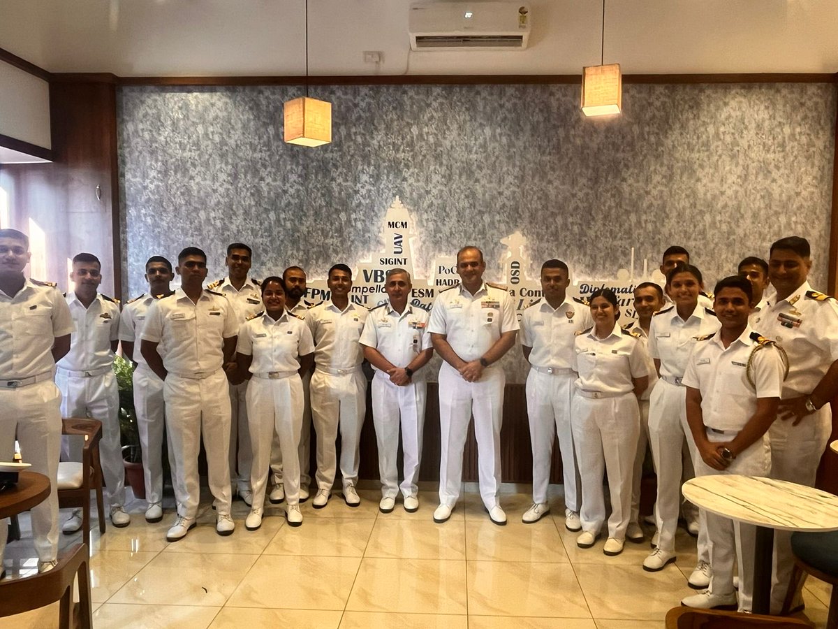 VAdm Sanjay Bhalla, AVSM, NM, outgoing #COS @IN_WNC, interacted with young inliving officers of #WNCMess at the newly inaugurated Coffee Shop 'Way Point', a meeting point to share thoughts and strengthen camaraderie and bonding.