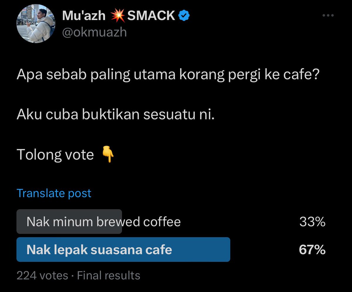 okmuazh's tweet image. Majoriti orang pergi cafe bukan untuk kopi.
Menarik, kan?
Why people buy what they buy.
Contoh lain:
1. Ramai beli langsir baru sebab nak lawan jiran. Bukan sebab raya.
2. Ramai nak kurus bukan untuk sihat. Tapi sebab kurus dianggap cantik.