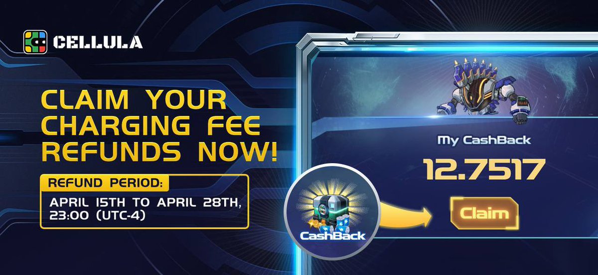 🚀Attention, Cellula players! You can now claim your charging fee refunds for the period from Apr 15th, 23:00 to Apr 28th, 23:00 (UTC-4). 🕛Make sure to collect your refund before May 16th 12:00 (UTC-4). 👍Take a screenshot of your refundable charges, and respond to this Tweet.