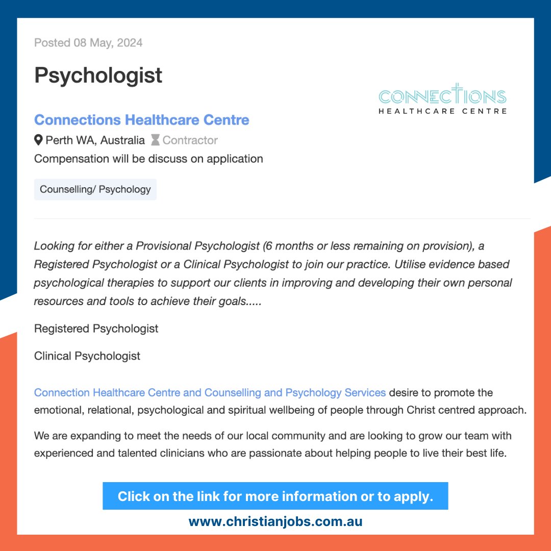 FEATURED JOB For further information, click here ow.ly/r6hl50RA1xe #ChristianjobsAustralia #ChristianJobsAU #ChristianCareers #AussieChristians #ChristiansAustralia #ChurchJobsAustralia #Psychologist #PsychologyJobs #Christians