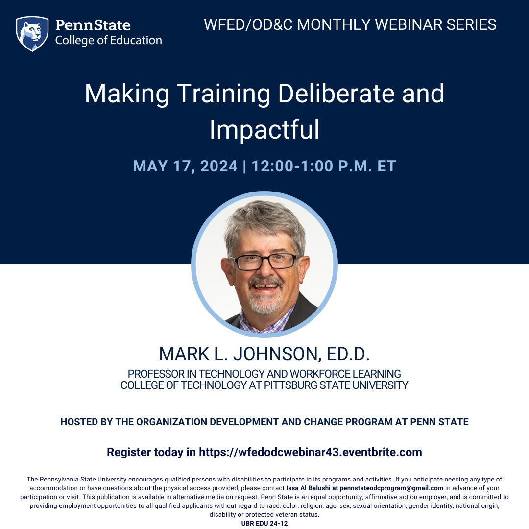 psuwfedodc's tweet image. Make your training DELIBERATE &amp;amp; IMPACTFUL! Join us for a webinar with Mark L. Johnson, Ed.D. on 5/17 at 12 PM EDT. Discover strategies to elevate training effectiveness. 

Register now: buff.ly/3QiXWDc 

#WFEDODCWebinar #PDN #Training